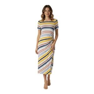 A Pea In The Pod small maternity dress yellow & blue striped short sleeve, long